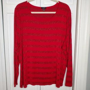 Talbots 2X Plus Size red Striped Long Sleeve T-Shirt Top Rounded Neckline